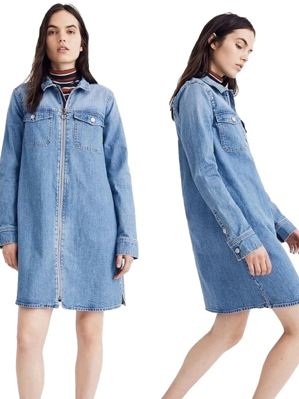 Madewell Mini Shirtdress Womens Size M Blue Zip-Front Long Sleeve Denim